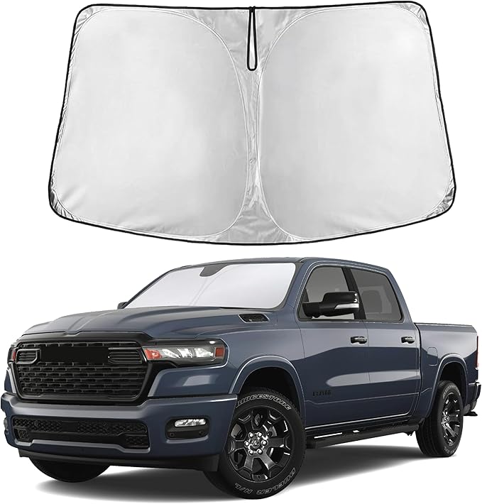 EcoNour Windshield Sun Shade Compatible for Dodge RAM 1500 2019–2026 | Pickup Truck Front Window Sunshade | Foldable 4-Layer Sun Visor Protector | UV & Heat Blocking | Keeps Cabin Cooler