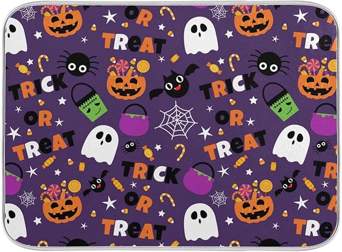 Happy Halloween Purple Pumpkin Fall Dish Drying Mat 16x18 for Kitchen Counter Trick or Treat Spooky Ghost Reversible Dishes Draining Mats Medium Absorbent Fast Dry Pad Halloween Accessories