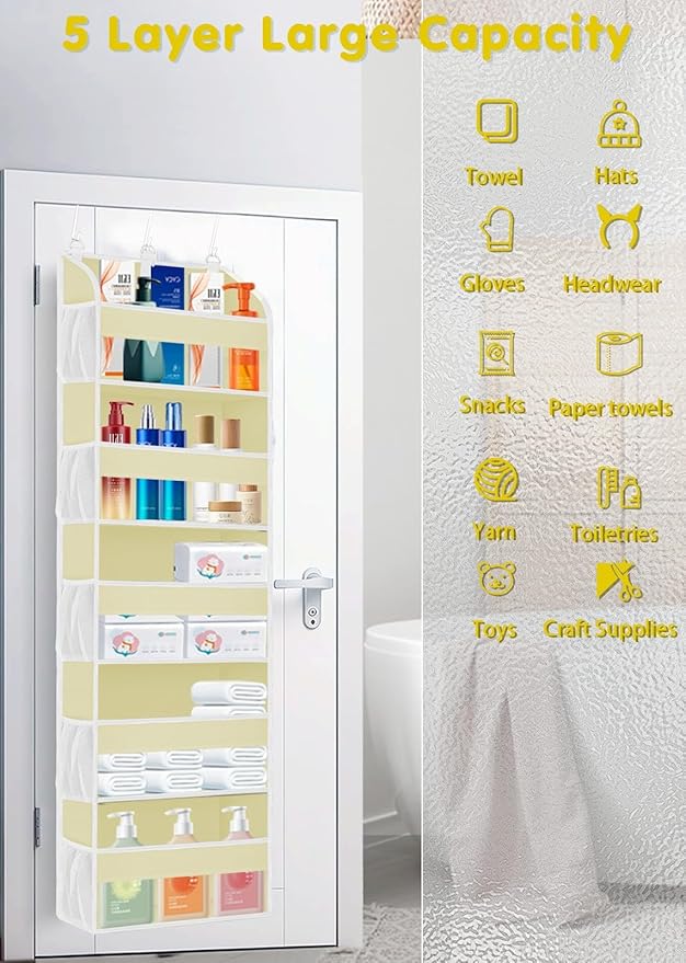 TAHAVICE 1 Pack Over The Door Storage Organizer with 5 Pockets 10 Mesh Pockets, 44 lbs Weight Capacity Door Hanging Organizers and Storage for Bedroom,Bathroom,Nursery,Kidroom,Babyroom