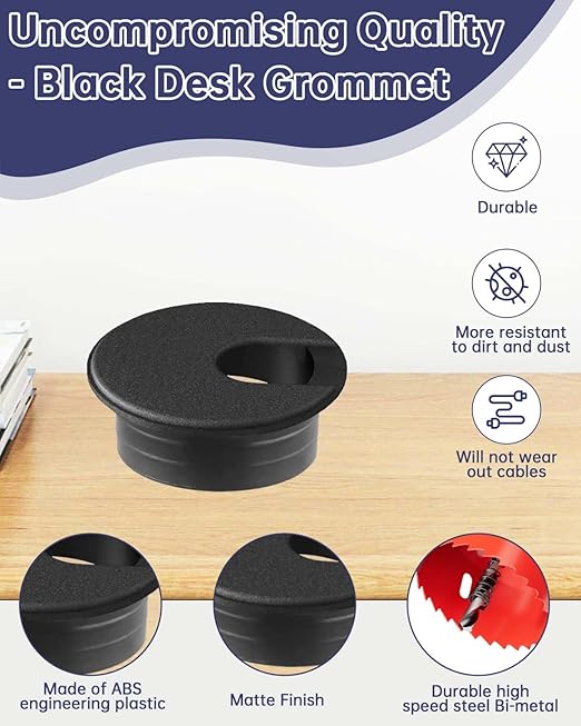 Desk Grommet & Cable Grommet 1-3/8 Inch (10 Pack) - Black Cord Hole Cover with Hole Cutter - Cable Management Kit for Office Desk, TV Stand, Workstation - Hide Wires Behind Wall, Cable Pass Through