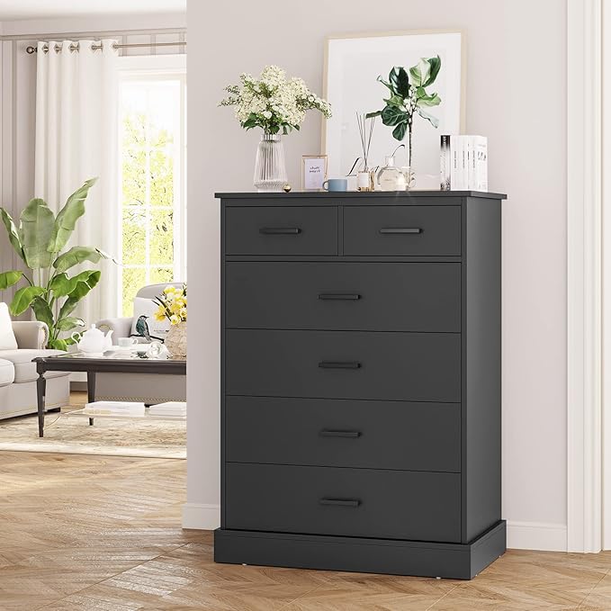 Hasuit Black Dresser for Bedroom, 6 Drawers Dresser Wood Storage Tower Clothes Organizer, Chest of 6 Drawers, Large Capacity Storage Cabinet, Tall Dressers for Bedroom, Hallway, Entryway