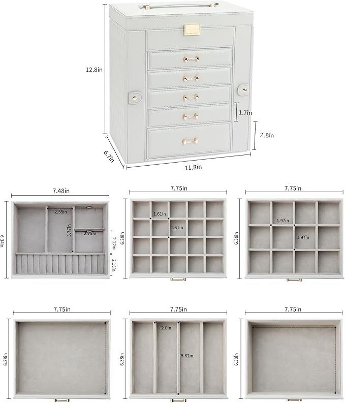 Large Jewelry Box,Jewelry Organizer Box with 5 Drawers,6-Tier Jewelry Boxes Organizers Jewelry Storage Case with Mirror,Extra Large Jewelry Boxes for Women(Grey)