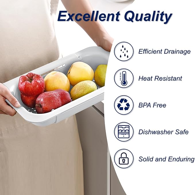 YUNKWONG Extendable Sink Colander Strainer Basket - Wash Vegetables and Fruits, Drain Cooked Pasta and Dry Dishes - Adjustable Over the Sink Colander Collapsible Drainer Basket - White