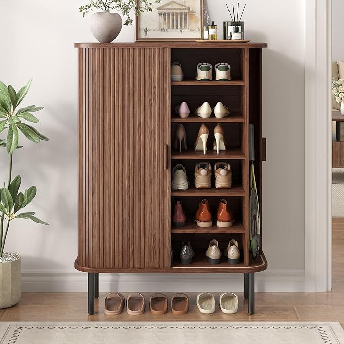 Shoe Storage Cabinet with Adjustable Shelves, 6-Tier Mid-Century Modern Shoe Organizer with Sliding Door, Shoe Storage Organizer for Entryway Hallway Living Room, Walnut