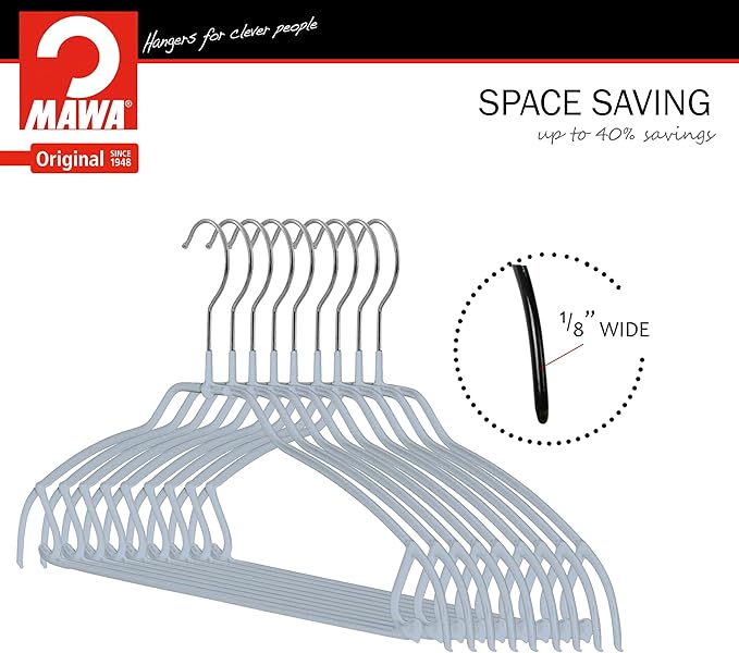 Mawa by Reston Lloyd Silhouette Ultra-Thin Series, Non-Slip Space Saving Shirt Hanger with Pant Bar & Skirt Hooks, Style 42/FTU, Pack of 130, Silver