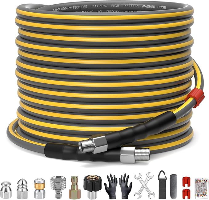 TUTULUCK Sewer Jetter Kit for Pressure Washer, 5800PSI Drain Cleaner Hose 1/4 Inch NPT Corner,Showerhead,Rotating rotates,Mushroom Nose,Corner sewer nozzle(50FT)