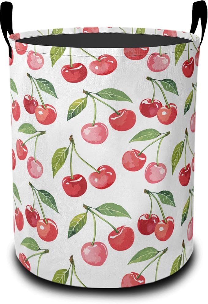 Cute Cherry Laundry Hamper Large Canvas Fabric Lightweight Storage Basket/Dirty Clothes Collapsible Waterproof for College Dorms, Boys and Girls Bedroom,Bathroom
