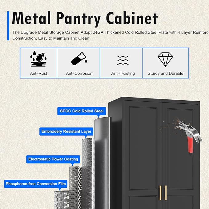 Pantry Cabinet, 71 Inch Tall Kitchen Storage Cabinet, Metal Pantry Cabinet with Doors and Adjustable Shelves, Black Food Cupboard, Freestanding Cabinet for Living&Dinning Room, Assembly Required