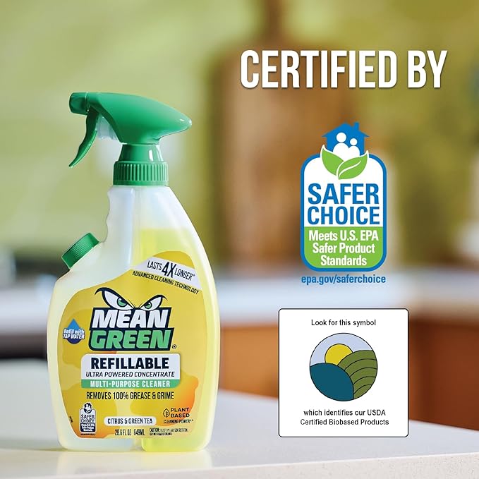 Mean Green Refillable Ultra Powered Multi-Purpose Cleaner Concentrate, Citrus & Green Tea, 14.3 fl oz (2-Pack) – Plant & Mineral Based, Cuts Through Grease & Grime, Refillable Bottle Makes 4X Refills