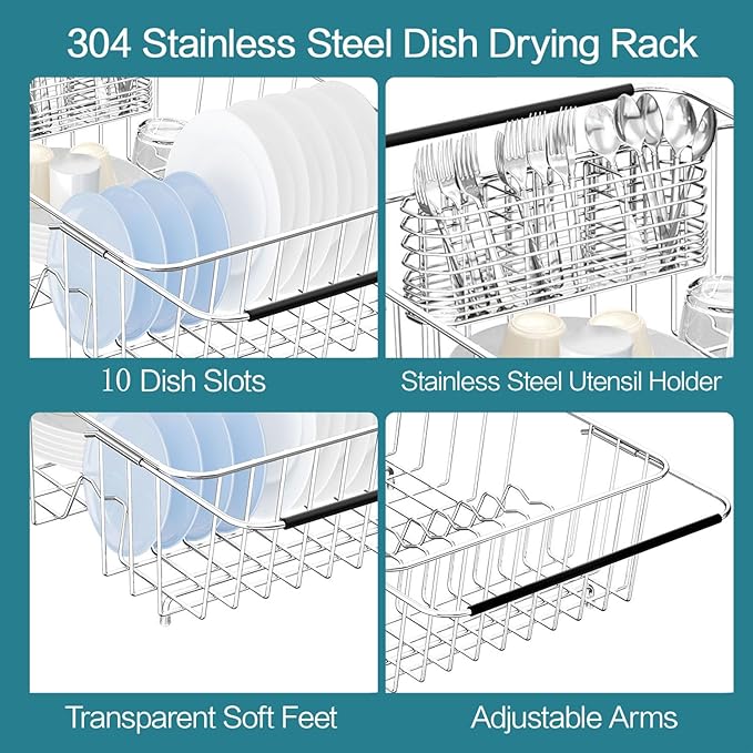 YZPGBT Large Dish Drying Rack in Sink Expandable, Adjustable304 Stainless Steel Metal Dish DrainerRack Organizer with Stainless Steel Utensil Holder Over Inside Sink Counter, Rustproof