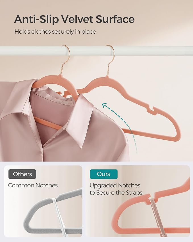 SONGMICS Velvet Hangers 100 Pack, Non-Slip Clothes Hangers with Shoulder Notches, Pants Bar, 360° Swivel Hook, Space-Saving, for Closet, Jelly Pink UCRF029R100