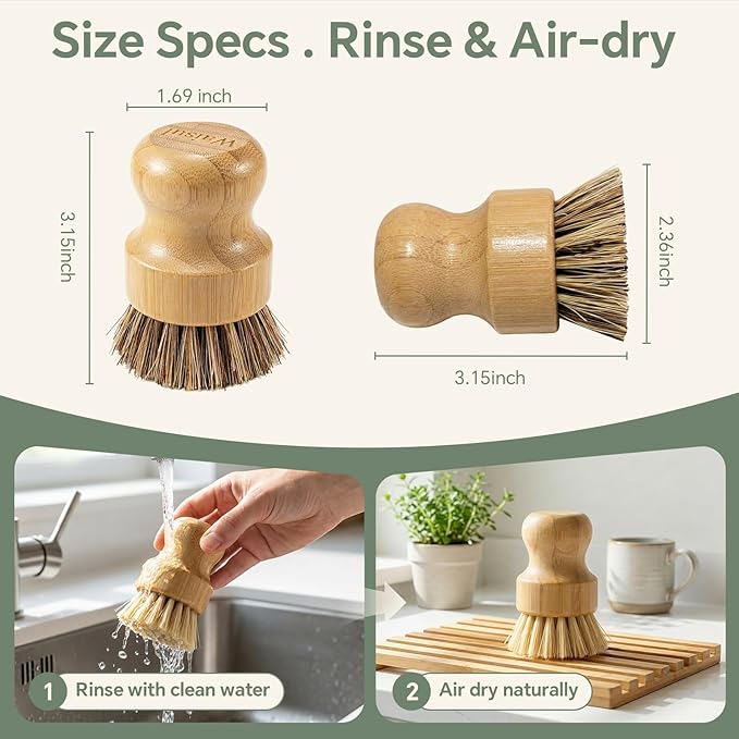 Waisul Bamboo Dish Brush Set, 4 Pack, Plastic-Free (2 Medium Sisal, 2 Firm Coconut Coir), Dish Scrubber & Vegetable Brush for Cast Iron, Nonstick