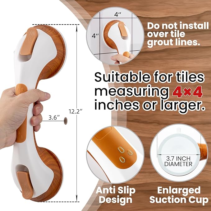 TAILI Shower Grab Bar, 2 Pack 12 Inch Suction Grab Bars for Bathtubs and Elderly, Shower Handle for Seniors Bathroom Safety Grip, No Drilling Removable,Wood Grain