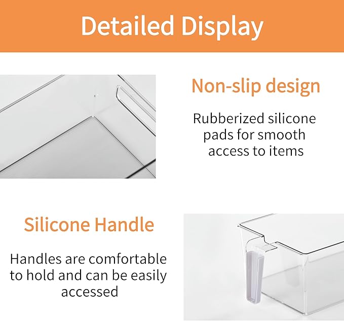 vacane 2 Pack Refrigerator Organizer Bins with Silicone Handle,Plastic Pantry Organization and Storage,BPA-Free Multi-Use Organizer Bins,Kitchen Containers for Fruit,Vegetable