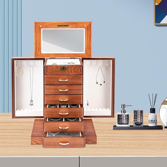 Retro Jewelry Box 7-Tier Large Jewelry Organizer with 6 Drawers and 2 Side Doors Women Girls Storage Case for Necklace Rings Earrings Accessories, with Mirror and Lock,11.1x6.9x14.2in,MDF (Brown)