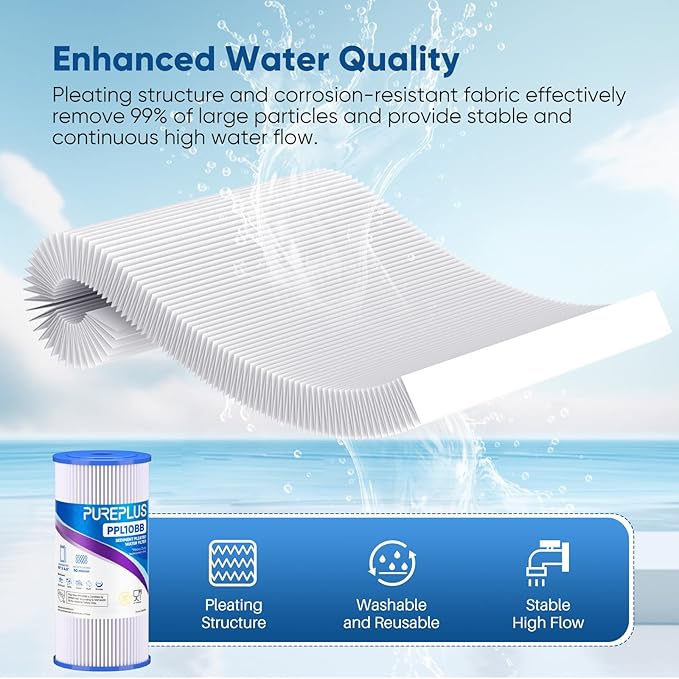 PUREPLUS 50 Micron 10" x 4.5" Extra Coarse Pleated Sediment Filter for Well Water, Replacement Cartridge for GE FXHSC, Culligan R50-BBSA, Pentek R50-BB, DuPont WFHDC3001, W50PEHD，GXWH40L, 4Pack