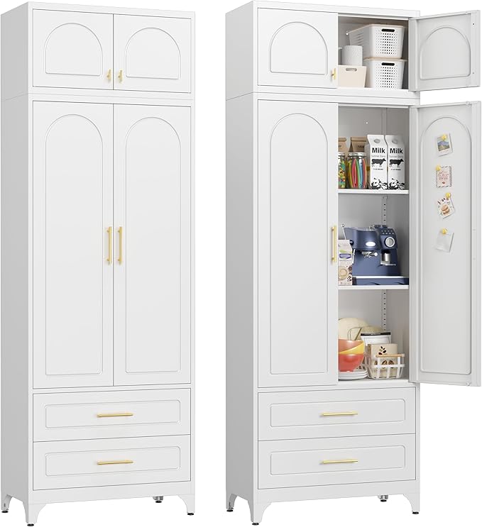 90" Pantry Kitchen Cabinet with Drawer, 75" Pantry Cabinets with 15" Cabinets, Freestanding Kitchen Storage Cabinet for Dining Room, Living Room, Alacena para Cocina, Assembly Required, White