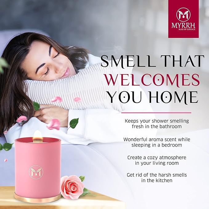 MyrrhUSA Rose Scented Candle – 15 oz Natural Soy Wax with Crackling Wooden Wick & Essential Oils | 80 Hour Burn | Luxury Aromatherapy Candle for Relaxation, Home Décor, Living Room & Bathroom
