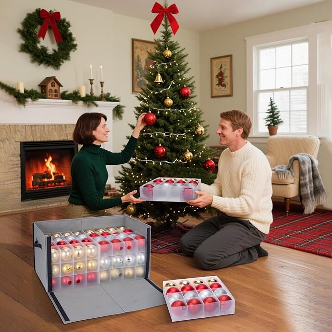BALEINE Christmas Ornament Storage Box with Dividers, Premium Holiday Ornaments Storage Container Bin for Xmas Decorations (128 Ball, Black, Hard)
