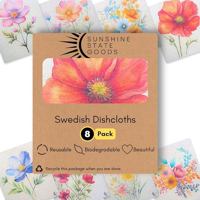 Sunshine State Goods Swedish Dishcloths for Kitchen - Ecofriendly Reusable Paper Towels, Biodegradable Dish Cloths - Cellulose Sponge Dish Cloths for Washing Dishes - 8 Pack (Floral)