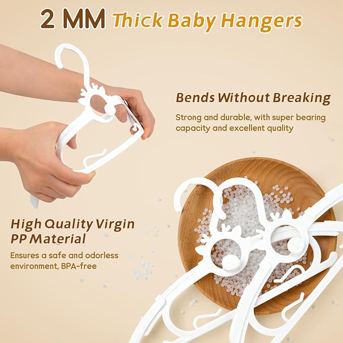 Toddler Hangers 60PCS, 11"-14" Extendable and Stackable Baby Hangers, 45g Ultra-Thick Space Saving Non-Slip Plastic Hanger for Infant, Kids and Nursery Closet (White-White-60)