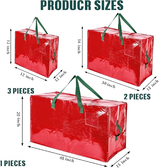 Shappy 6 Pcs Heavy Duty Christmas Storage Bags Extra Large Ornaments Container Moving Bags Xmas Decoration Organizer Storage Bag(Red,48 x 20",30 x 16",12 x 12")