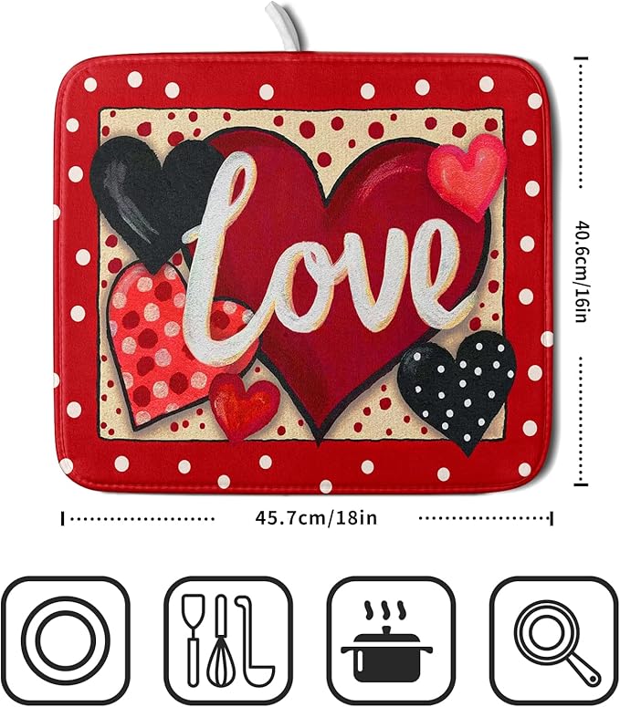 Love Heart Dish Drying Mat 16"x18" Red Dots Microfiber Dish Rack Mat Holiday Absorbent Fast Dry Draining Pad for Kitchen Counter Bar Sinks