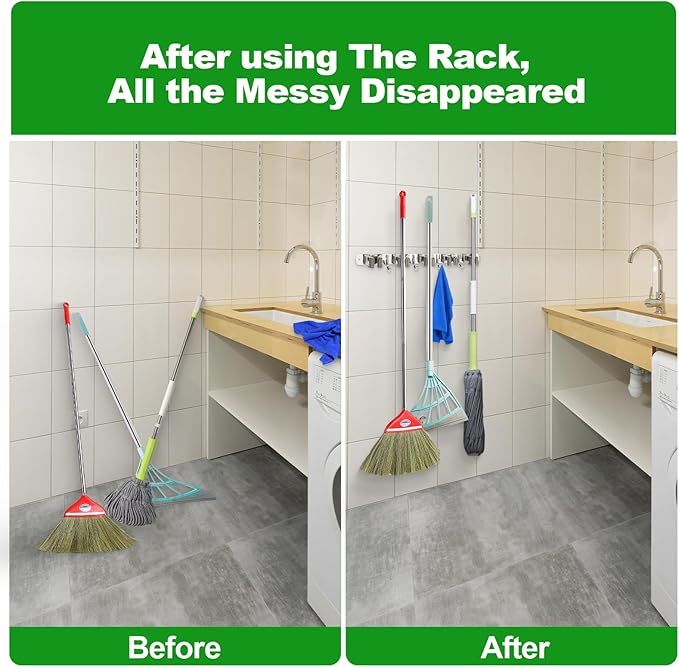 voze 3 Racks and 4 Hooks Mop and Broom Holder Wall Mount, Self Adhesive Heavy Duty Broom Organizer Storage Tool Racks for Kitchen Garden Laundry Garage