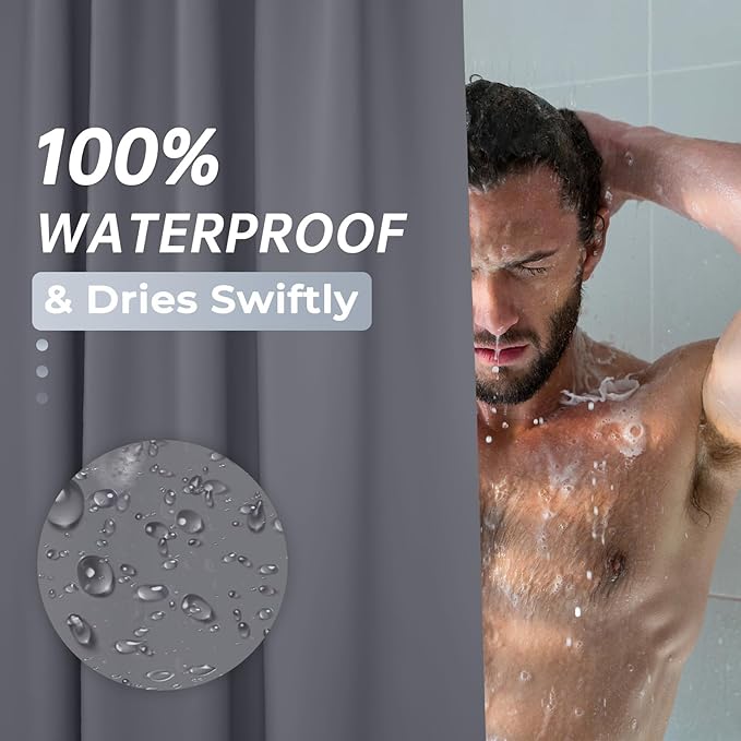 AmazerBath Dark Grey Shower Curtain Plastic, PEVA Shower Curtain Heavy Duty, Gray Shower Curtains for Bathroom, Waterproof Shower Curtain 72x72 with 3 Big Weighted Stones and 12 Rustproof Grommets