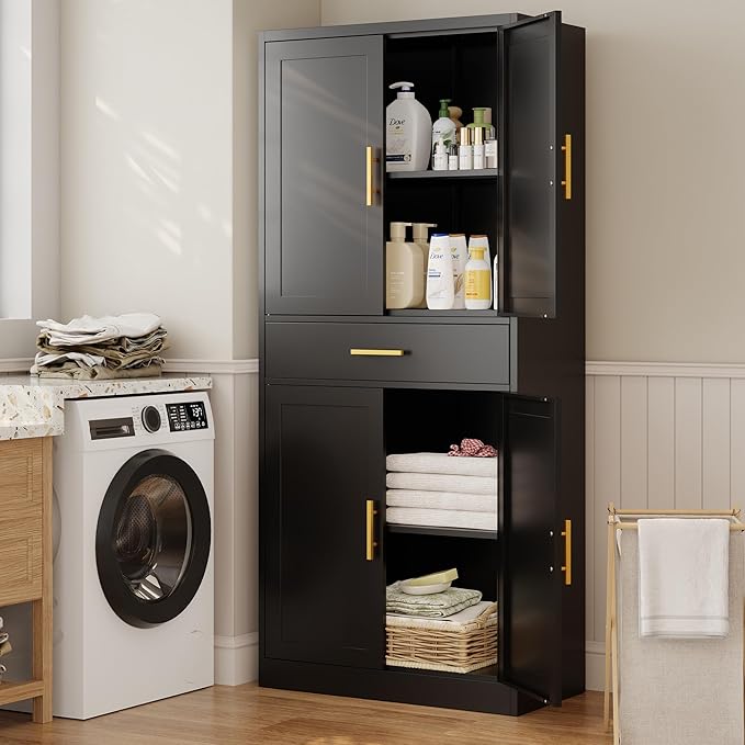 CJF White Kitchen Pantry Cabinet, 71 Inch Tall Metal Storage Cabinet with Adjustable Shelves and 1 Drawer, Freestanding Pantry Cabinet for Kitchen, Living Room, Dining Room, Bathroom, Easy to Assemble