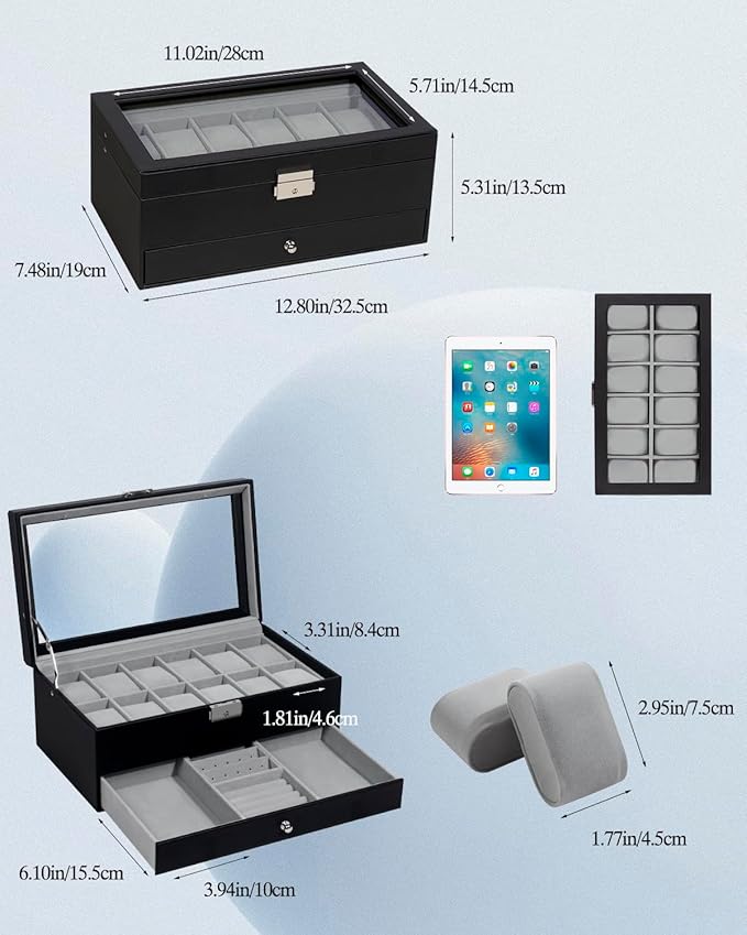 GUKA Watch Box 12 Slot Watch Display Organizer Leather Jewelry Case Drawer Glass Birthday for Men Women, Child Husband Dad GK-012BKGREY-LED-24