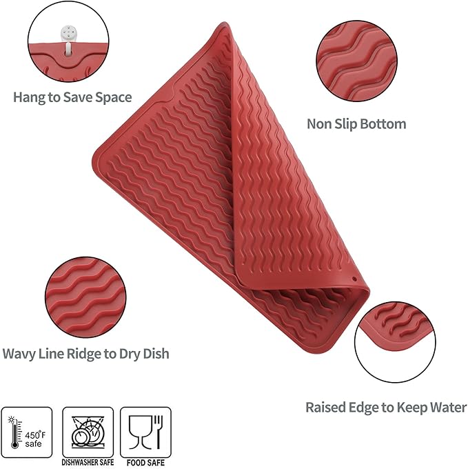 MicoYang Silicone Dish Drying Mat for Multiple Usage,Easy clean,Eco-friendly,Heat-resistant Silicone Mat for Kitchen Counter or Sink,Refrigerator or drawer liner Red L 16 inches x 12 inches