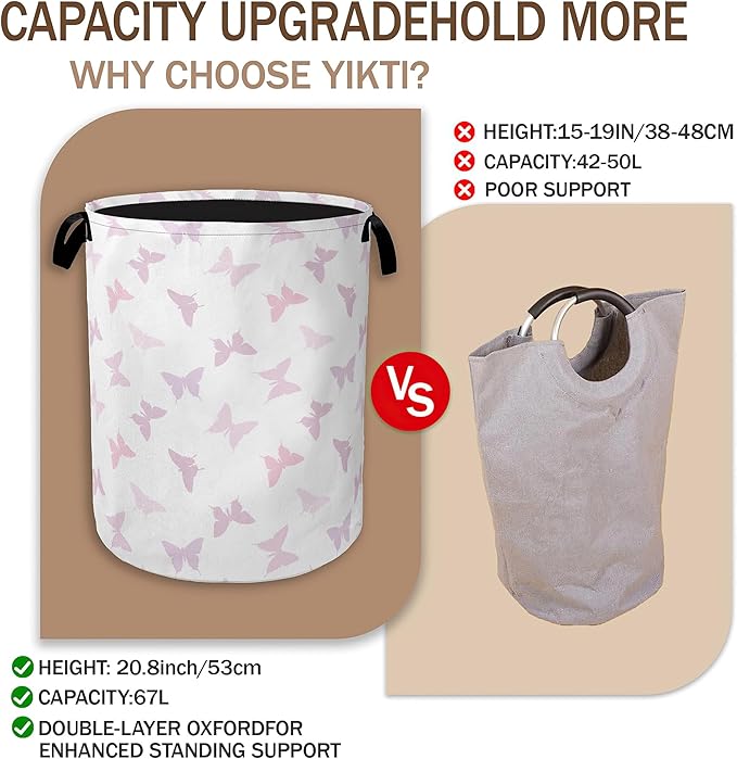 Collapsible Laundry Basket,Pink Butterfly Dirty Clothes Hamper,Girls Hampers for Bedroom Waterproof Oxford Cloth Storage Organizer for Bathroom,Nursery,Dorm,16x20 Inch