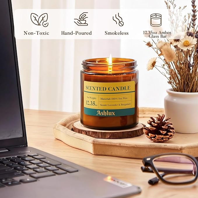 Lavender and Bergamot Candle,12.35oz Scented Candles with 8% Essential Oils,70 Hour Burn Time Soy Wax Candles for Home Decor,Reading,Jar Candle Gifts for Women and Men