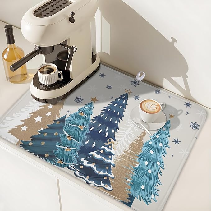 Christmas Tree Dish Drying Mat for Kitchen Counter 24x18 Inch Xmas Snowflake Drying Mat with Absorbent Reversible Microfiber House Blue Trees Dish Drainer Mats Rack Pad for Coffee Countertop Protector