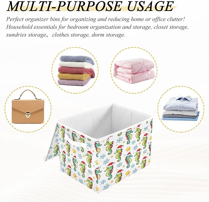Christmas Seahorse with Santa Hat Storage Bins with Lids Foldable Storage Basket with Handles Collapsible Large Fabric Organizer Containers for Clothes Shelves Closet Office Home
