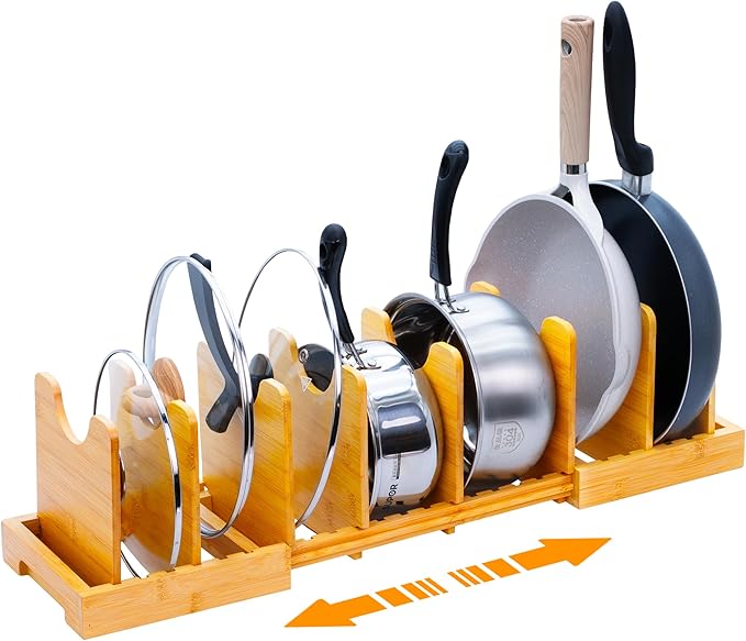 MinBoo Bamboo Expandable Pot Lid Organizer Pot Lid Holder, Pot and Pan Organizer Drawer Organizer for Pot Lids, Adjustable Dividers for Kitchen Cabinet Organizers and Storage,Small