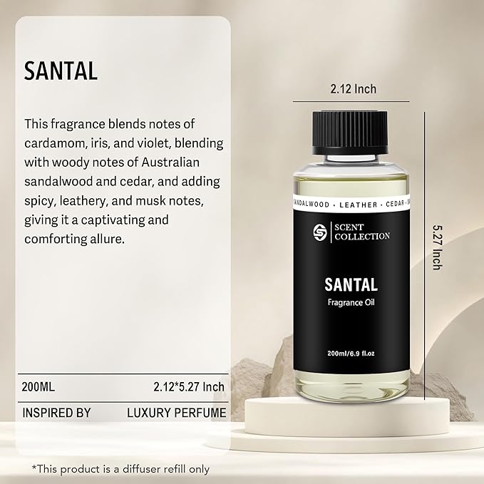 Luxury Hotel Scent Santal Diffuser Oil Waterless Essential Aromatherapy for Cold Air & Car Diffusers – Long Lasting Refill for Large Room & Home - Non Toxic, Signature Sandalwood (200ml/6.76Fl oz)