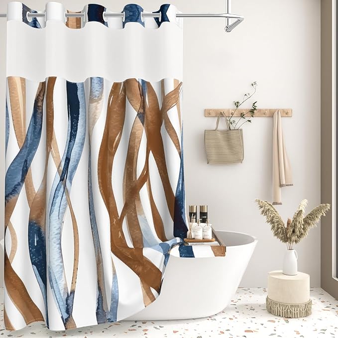 Blue and Brown Striped Shower Curtain and Liner Set, Hotel Luxury Waterproof Double Layers Fabric No Hook Shower Curtain, Modern Abstract Geometric Bathroom Curtains with Top Sheer Window, 71x74 Inch