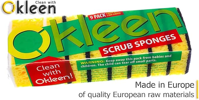 Okleen Yellow Multi Use Scrub Sponge. Made in Europe. 9 Pack, 4.3x2.8x1.4 inches. Odorless Heavy Duty and Non Scratch Fiber. Durable and Delicate Scrubber for Hard Dirty Surfaces in Daily Cleaning