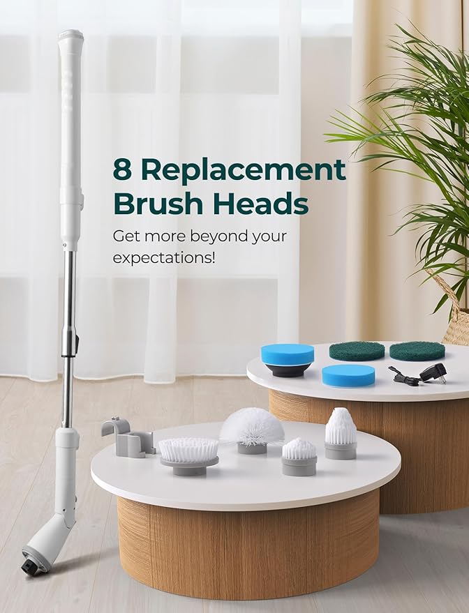 Sweepulire Electric Spin Scrubber SW1, Shower Scrubber with Long Handle, 2 Spin Speeds, Electric Bathroom Scrubber with 8 Replacement Heads, Bath Tub Cleaner Brush for Floor, Tub, Shower, Tile