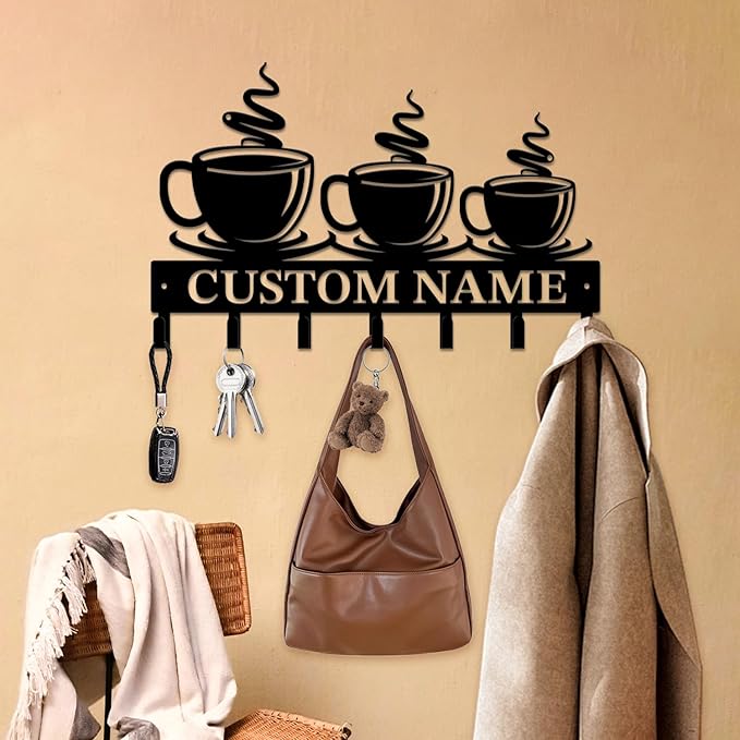 Personalized Custom Name Coffee Bar Wall Keys Hooks,Metal Coffee Shop Art Clothes Hooks,Metal Coffee Lover Wall Home Storage Decorative,For Front Door, Hallway, Kitchen, Bedroom,Keys,Hats (Style I)