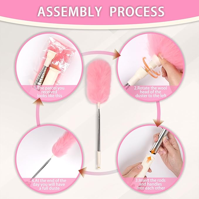 iHUFeather Extendable Lambswool Duster Stainless Steel Handle 133" Removable Feather Duster for Cleaning Ceiling Fans Interior Roof Furniture, Pink