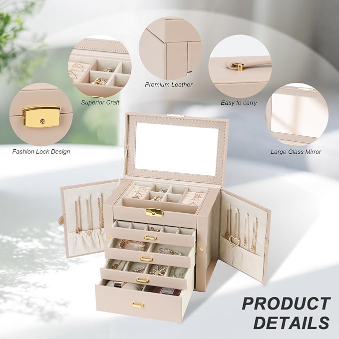 Jewelry Box, Women's Jewelry Organizer with Mirror, 5 Layers & 4 Drawers, Apricot