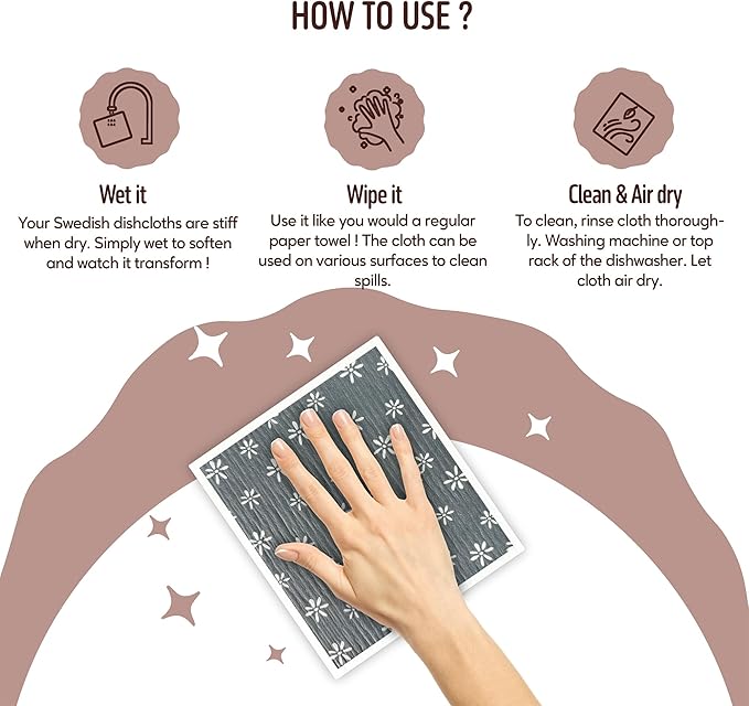 Augine Swedish Dishcloths for Kitchen, 5 Pack Reusable Paper Towels Washable, Super Absorbent Swedish Dish Cloths, Non-Scratch, Biodegradable