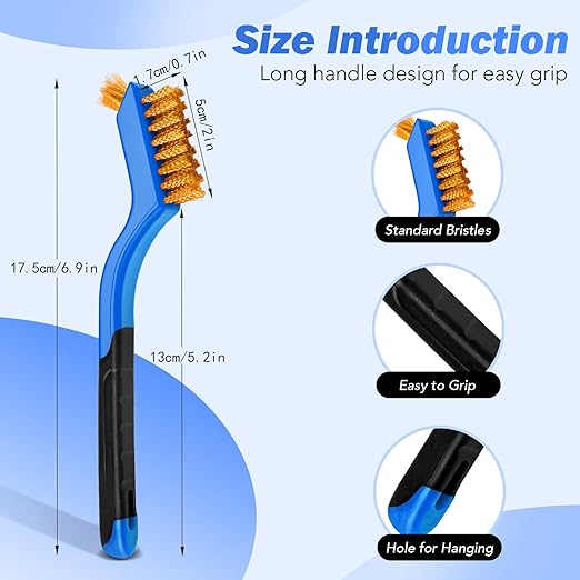 Wire Brush Set, 6 Pcs Stainless Steel/Brass/Nylon Wire Brushes for Cleaning with Curved Handle Grip for Rust Removal, Dirt, Paint Scrubbing(Blue)