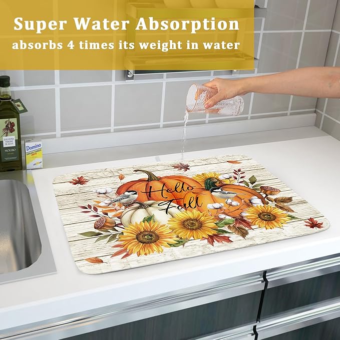 Hello Fall Dish Drying Mat Autumn Pumpkin Dish Drainer Rack Mats 18"x24" Fast Dry Microfiber Dish Drying Pad for Kitchen Countertop Table