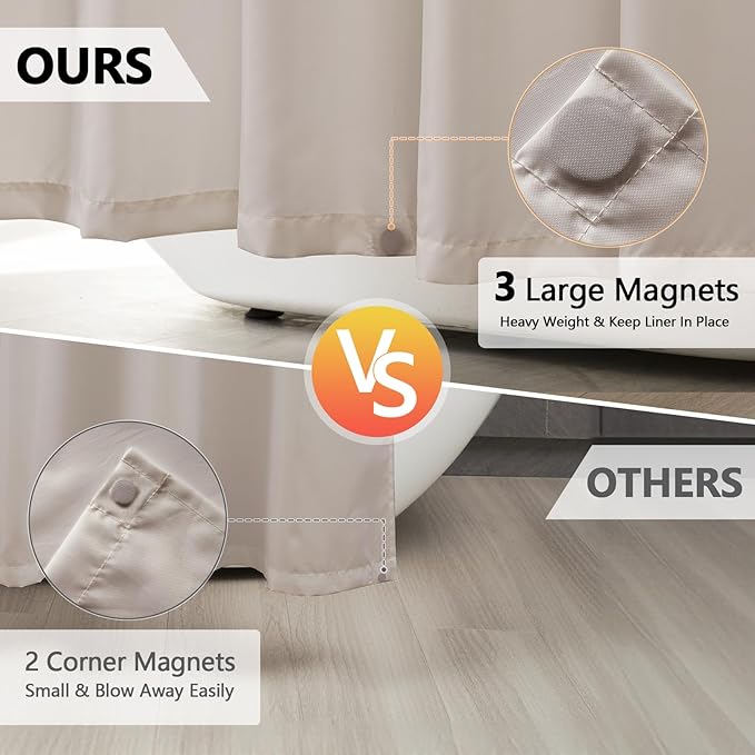 Waterproof Fabric Shower Curtain Liner with 3 Weighted Magnets, 72 x 84 inch Extra Long Khaki Cloth Shower Liner Machine Washable, Hotel Quality Lightweight Tall Shower Curtain for Bathroom