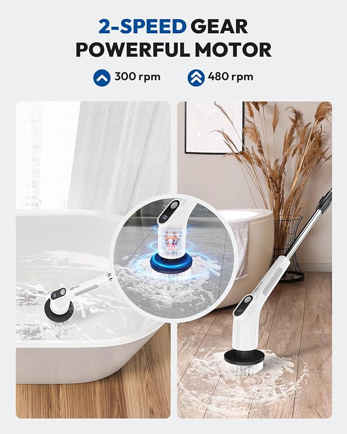 Electric Spin Scrubber for Cleaning - Upgraded Cordless Cleaning Brush Scrubber - IPX7 Waterproof Power Scrubber with 7 Brush Heads, Extended Handle and 2 Speeds for Bathroom Shower Bathtub Floor