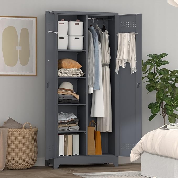 73" H Garage Storage Cabinet,Broom Closet Storage Cabinet with Adjust Shelves,Utility Cabinet,Utility Closet for Garage,Office,Gray